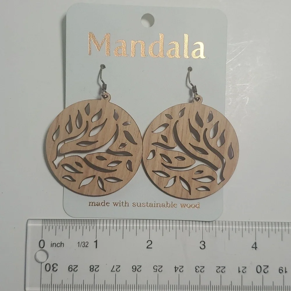 MANDALA Laser Cut Light Wood LG. Earrings Sterling Siver Bohemian Leaf NWT
